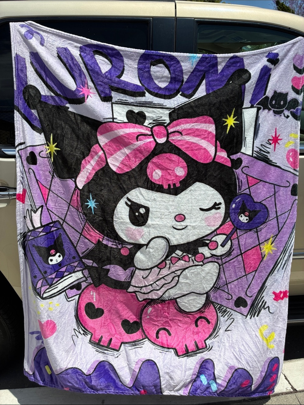 Sanrio Kuromi Graphic Plush Blanket Throw Purple Hello Kitty Anime 54” x 49”
